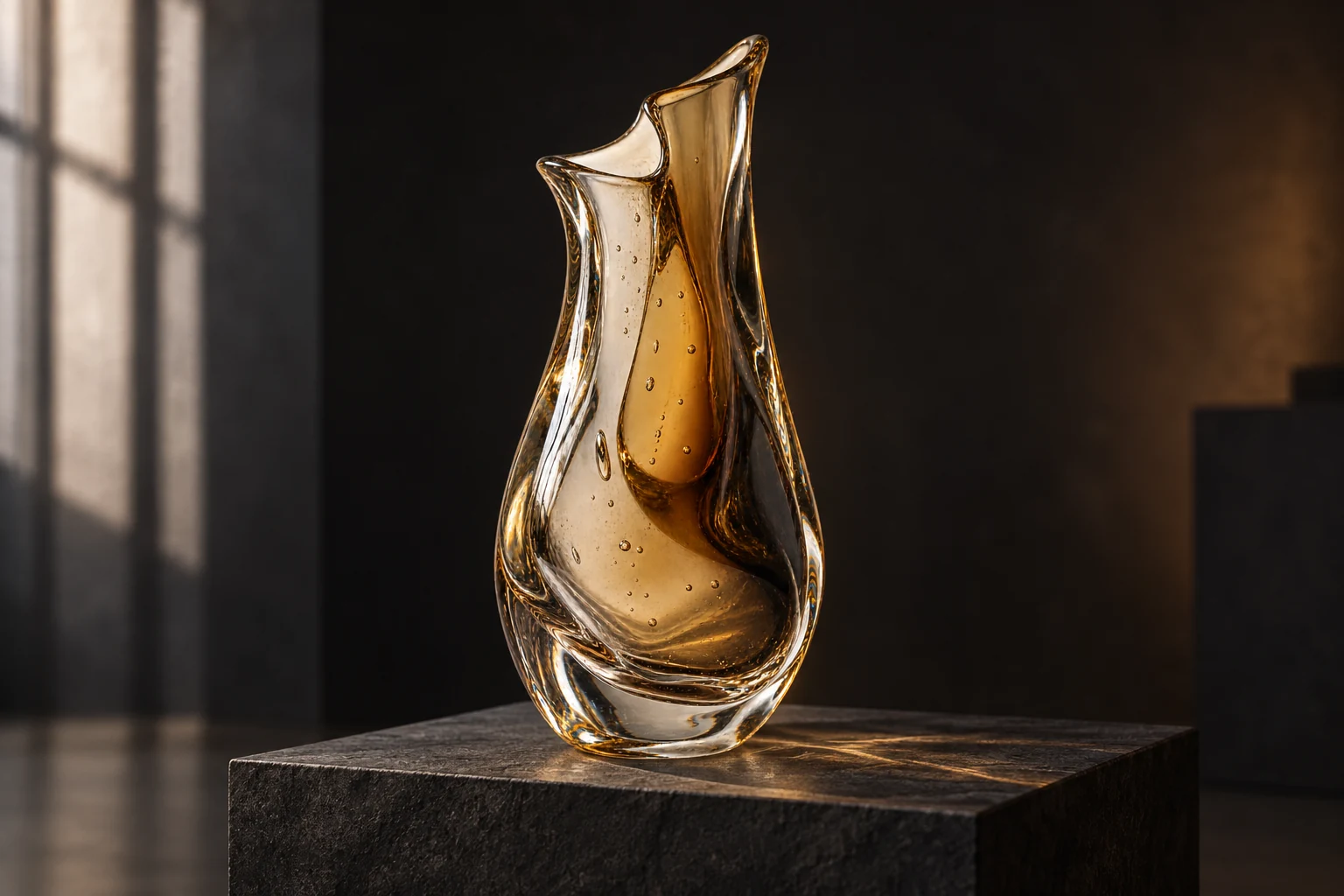 Sculptural glass object in a quiet interior