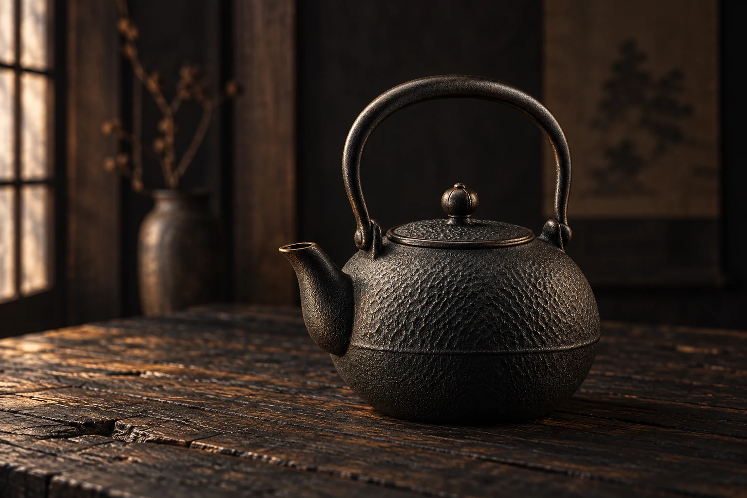 Textured iron teapot presented in warm light